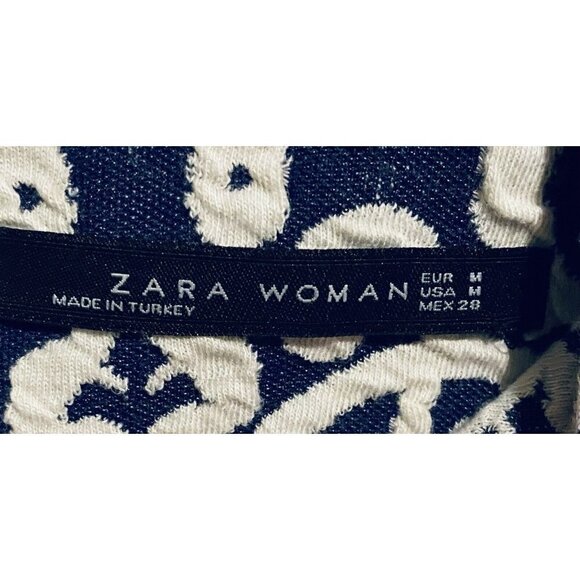 Zara Dress Womens Medium Floral Jacquard Skater Mini Half Sleeve Blue Knit - Picture 5 of 5
